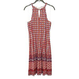 WISP Dress Fit Flare Keyhole Sleeveless Stretch Jersey Knit Red Orange Geometric